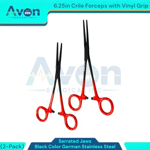 6.25" Multi-Purpose Hemostat Forceps Pliers, Locking, Red Vinyl Grip Handle, Black, German Stainless Steel | Fishing Pliers, Fish Hook Removing, Crafts, Electronics (Set of 2)
