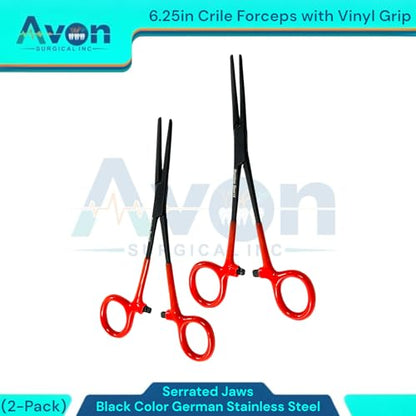 Set of 2pcs Crile Hemostat Forceps 6.25in Black Stainless Steel, Red Vinyl Grip | Multi-Purpose Locking Pliers for Lab, Crafts, Fishing
