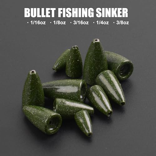 Bullet Fishing Weights Sinkers, 29/83pcs Worm Weights Fishing Sinkers Assortment Slip Sinker Weights for Bass Fishing Carolina Rig Texas Rig Saltwater Freshwater - style: 29pcs-green Pumpkin