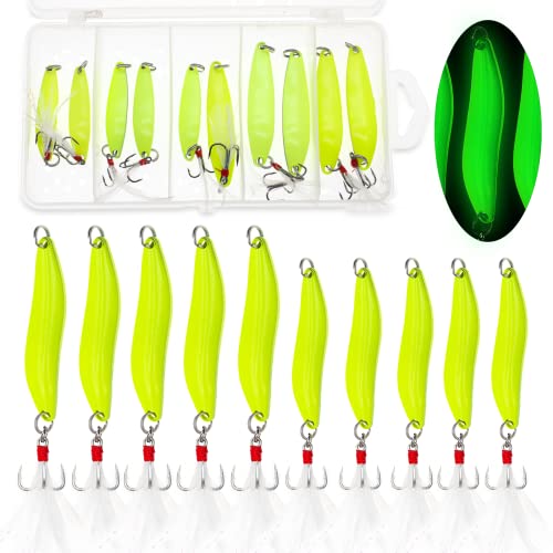 Fishing Lures,Fishing Spoons, Colorful Casting Fishing Spinner Hard Baits Tackle Single Hook for Trout Bass Salmon Freshwater Saltwater with Metal Hooks - color: 10pcs Glow Color