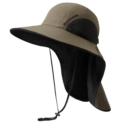 BASSDASH UPF 50+ Unisex Water Resistant Wide Brim Sun Hat with Large Neck Flap Ponytail Fishing Hat for Men Women - color: Sand/Black
