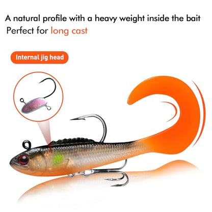 TRUSCEND Shadtale Easy Catch Soft Fishing Lures with BKK Hooks - Trembly Sinking and Vibrating Swim for More Bites, Pre-Rigged Swimbaits for Bass, Trout, Crappie, Walleye, Freshwater Saltwater Fishing - color: B1-3.5",0.5oz