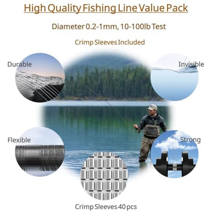 Aboda Clear Fishing Line 0.2-1 mm, Strong Invisible Nylon Fishing Wire 8-100 lb Test Includes Crimp Sleeves, Clear String for Hanging Decorations Balloons Garlands Beading Crafts & Jewelry - size: 0.3mm, 656ft, 17lb