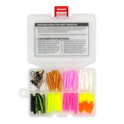 Trout Magnet 82-Piece Neon Fishing Gear Kit, Includes 70 Grub Bodies Trout Bait and 12 Size 8 Hooks