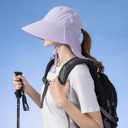 HUAMULAN Men Summer Sun Hat Women Safari Wide Brim Fishing Hats UV Protection Neck Flap Bucket Gardening Hiking Hunting Cap - color: Bg8112-lightpurple