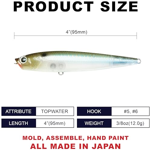 LUCKY CRAFT Gunfish 95NF Top Water Bass Fishing Lures, 4” Floating Lure with Cupped Mouth, Freshwater Trout and Bass Lures Fishing Gear, Accessories for Tackle Box - color: 338 Live Ghost Minnow