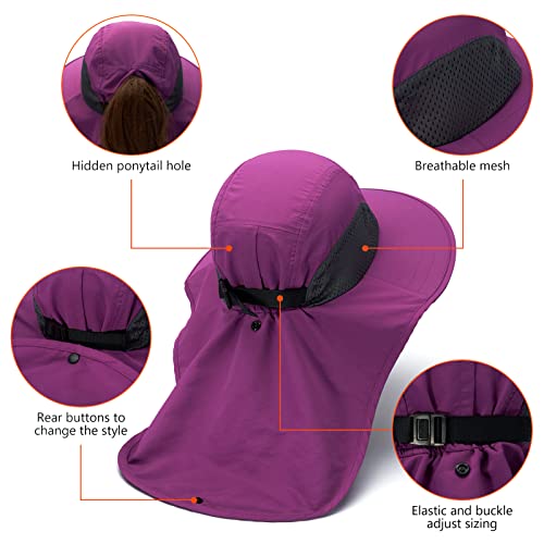 BASSDASH UPF 50+ Unisex Water Resistant Wide Brim Sun Hat with Large Neck Flap Ponytail Fishing Hat for Men Women - color: Purple Orchid