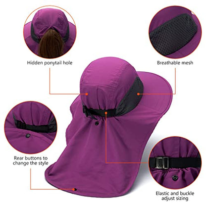 BASSDASH UPF 50+ Unisex Water Resistant Wide Brim Sun Hat with Large Neck Flap Ponytail Fishing Hat for Men Women - color: Purple Orchid