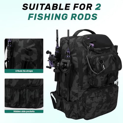 Pyrrhus 40L Fishing Backpack with Rod Holders & Insulated Cooler Compartment, Camping Cooler Tackle Storage for Anglers