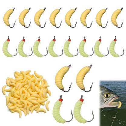 50PCS Bluegill Hooks Fishing Worms – 30PCS 22mm Soft Rubber Worms & 20PCS Maggot Bait for Bass, Panfish, and Trout, Bluegill Lures for Freshwater Fishing with Natural Nlbn Action