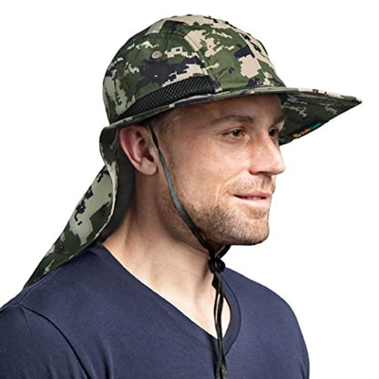 SUN CUBE UPF50+ Sun Hat for Men Women with Neck Flap, Wide Brim UV Protection Fishing Safari Hat for Hiking Beach Gardening - color: Green Camo