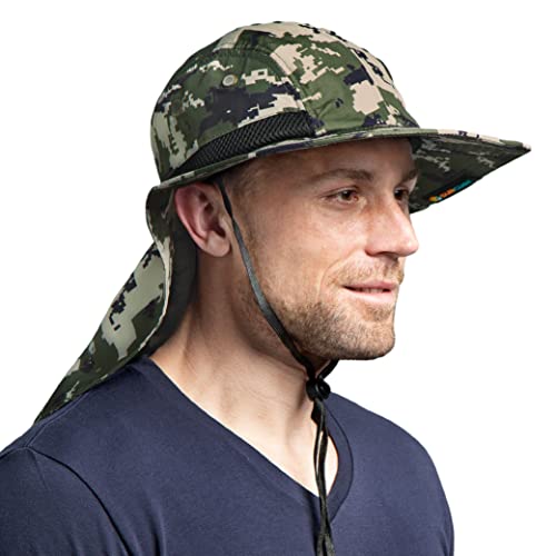 SUN CUBE UPF50+ Sun Hat for Men Women with Neck Flap, Wide Brim UV Protection Fishing Safari Hat for Hiking Beach Gardening - color: Green Camo
