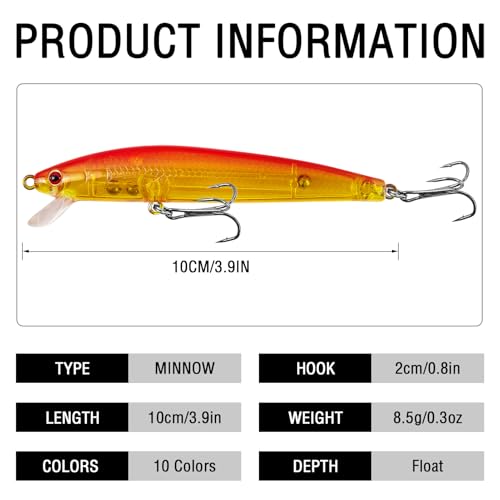 10Pcs Jerkbait Fishing Lures Kit Minnow Lures Crankbaits with Treble Hooks for Saltwater and Freshwater Topwater Fishing Bait for Bass Trout Pike Walleye
