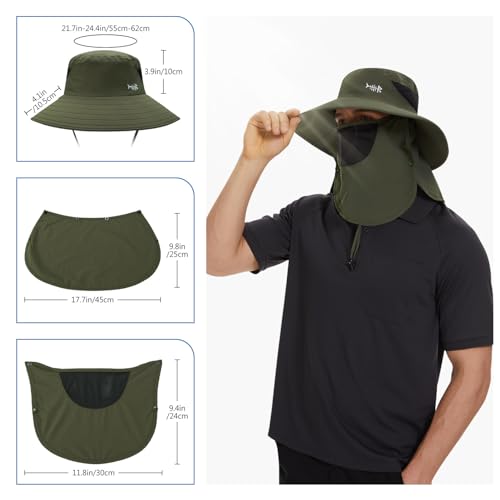 BASSDASH UPF 50+ Breathable Sun Hat with Removable Face Cover and Neck Flap Wide Brim Bucket Hat for Fishing Hiking Men Women - color: Army Green