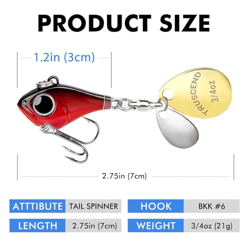TRUSCEND Vibespinner Easy Catch Fishing Lures with BKK Hooks, Tail Spinner Baits with 4 Actions, Vibrating Swimming Flashing & Jigging for More Bites, Spoon Lures for Bass Trout Crappie Walleye Pike - color: A4-3/4oz-21g