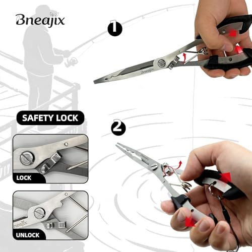 Professional 8.4“ Fishing Plier with Safety Lock and Anti Loss Rope | Multi-function long nose hook remover, line cutter, crimper; rustproof stainless steel for saltwater & freshwater fishing
