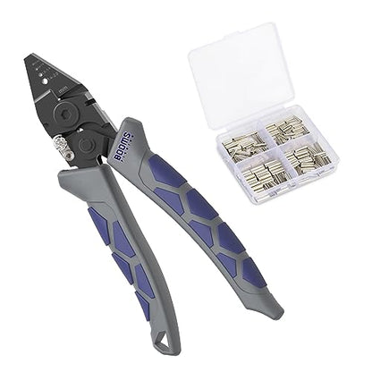 Booms Fishing CP4 Wire Crimping Tool with Cutter, Effort-Saving Fishing Crimping Pliers, High Carbon Steel Fishing Plier Wire Rope Leader Crimper Tool, 7 inch Crimpers Swager with Ergonomic Handle - style: Crimper with 140pcs Sleeves
