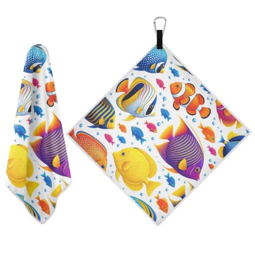 Colorful Fish Microfiber Golf Towel with Clip Magnetic for Golf Bags | Golf Essentials for Women Men Attaches to Clubs and Carts 17.7"x17.7"