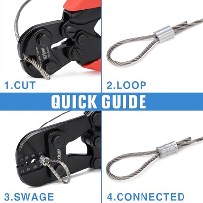 iCrimp Wire Rope Crimping Tool Kit with Swager, Cutter and Aluminum Loop Sleeves 3/64'',1/16'',5/64'', 3/32'',7/64'',1/8'', for Mono Fishing Line,Cable Railing, Sling
