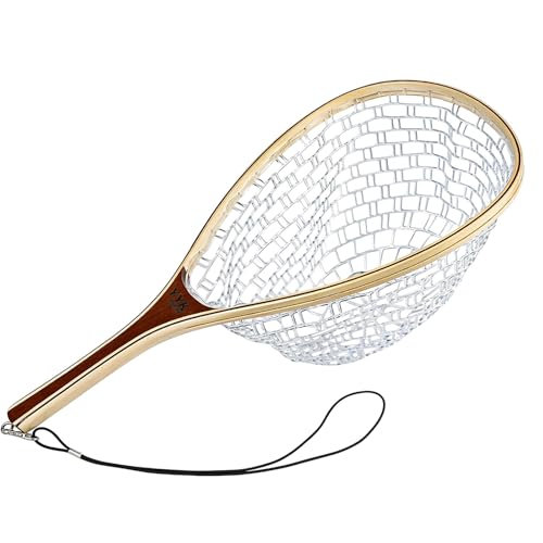 YYKBlueSky Fly Fishing Landing Net - 24" Trout Net, Soft Clear Silicone Mesh for Catch and Release, Durable Wood Frame, Safety Lanyard & Carabiner for Wading, Kayak & Boat Fishing