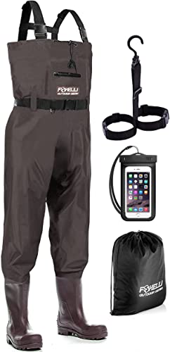 Foxelli Chest Waders – Waterproof 2-ply Nylon/PVC Camo Hunting Fishing Waders for Men and Women with Boots - color: Brown, size: 7