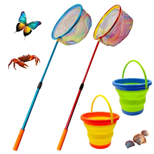 Fishing Net with Bucket Fishing or 3 Pack Retractable Lightweight Landing Net with Aluminum Rod Handle Kids Fishing Nets for Youth Catch and Release Butterfly Nets - color: 2Pack（Blue+red）