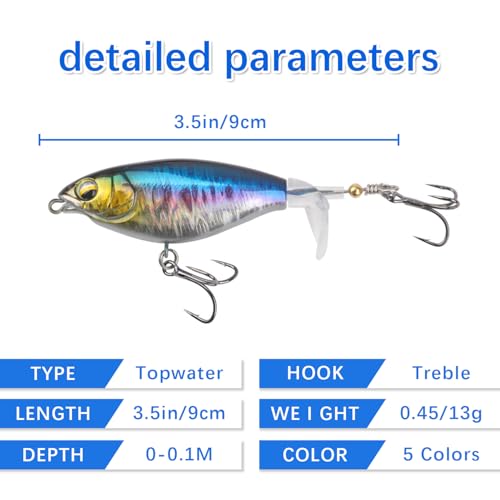 Topwater Fishing Lures for bass Whopper Popper Lures with Rotating Tail for Freshwater or Saltwater bass Catfish Pike Perch Floating Pencil Bass Bait (Variegated, Medium)