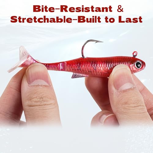 6PCS Soft Plastic Fishing Lures - 3.5in Swim Baits for Bass Pre-Rigged Jig Heads Walleye Fishing Lures with Paddle Tail Swimbaits for Bass Fishing Fishing Soft Plastic Lure Kit - color: Red