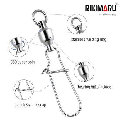 RIKIMARU Fishing Swivels Duo Lock Snap Ball Bearing Stainless Barrel Fast Fishing Lure Swivels High Speed Rotating - size: (Trial)6#-120LB-10pcs