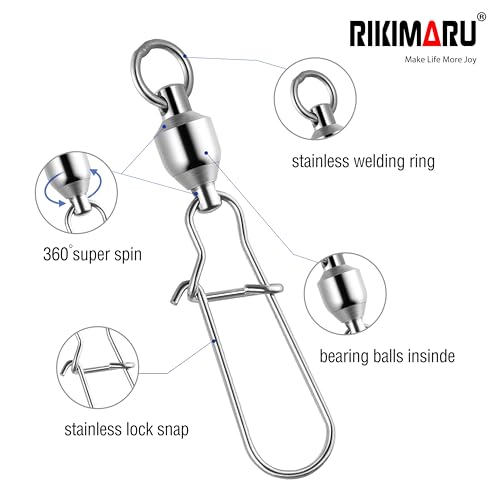 RIKIMARU Fishing Swivels Duo Lock Snap Ball Bearing Stainless Barrel Fast Fishing Lure Swivels High Speed Rotating - size: 6#-120LB-30pcs