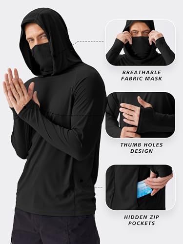 PINSPARK Men's Sun Protection Hoodie with Mask UPF 50+ UV Long Sleeve Shirt Men Rash Guard Performance Fishing Hiking Shirt - color: Black, size: 3X-Large