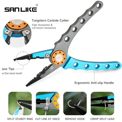 SANLIKE Aluminum Fishing Pliers Hook Remover Tungsten Carbide Braid Cutters | Tungsten Carbide Cutters Saltwater Resistant with Coiled Lanyard & Sheath - color: Light Blue