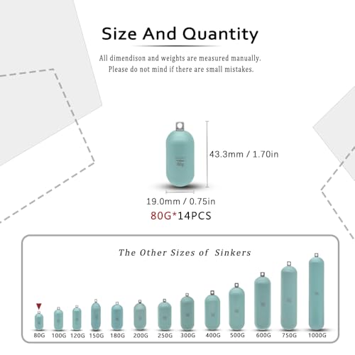 Lead Free Fishing Weights Sinkers 80g-1000g Coated Raindrop Weights Bank Sinkers Cylindrical Deep Drop Weights Assorted Sizes Bag Non-Lead Fishing Weights Saltwater for Bottom Fishing - style: 80g(2.82oz)-14pcs