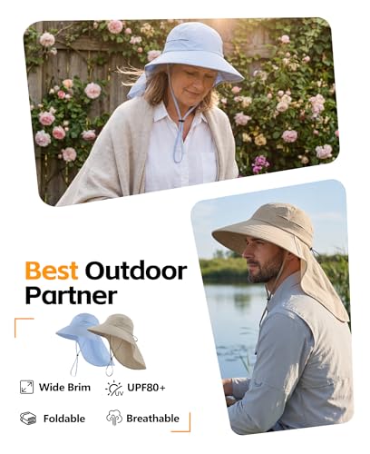 Home Prefer UPF 80+ Sun Hat for Men Women Wide Brim Sun Hat with Neck Flap Summer Beach UV Protection Gardening Fishing Hat - color: Army Green
