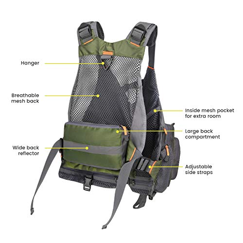 Gonex Fly Fishing Vest for Men Women, Comfortable Adjustable Fishing Vest with Multi-Pockets Reflective Stripes - color: Green+gray