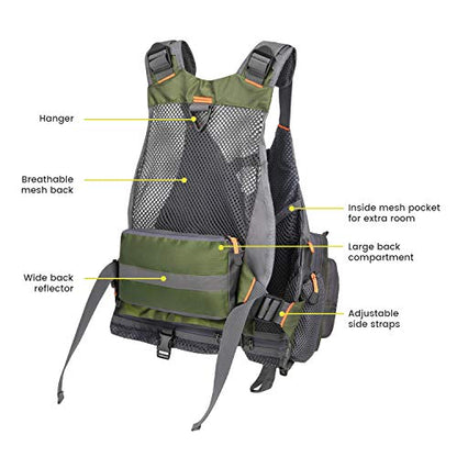 Gonex Fly Fishing Vest for Men Women, Comfortable Adjustable Fishing Vest with Multi-Pockets Reflective Stripes - color: Green+gray