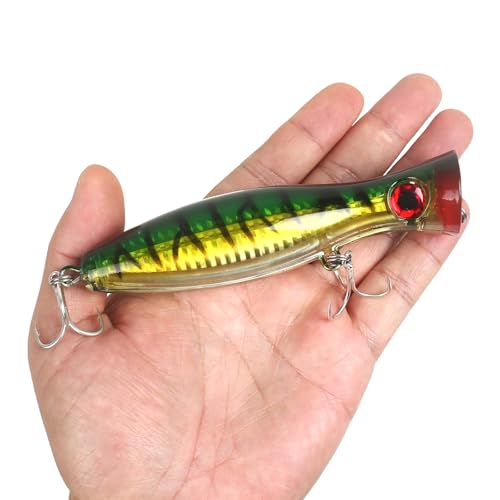 Large Top Water Popper Lure: 2pcs 3D Eyes Tuna Popper Saltwater Fishing Lures for Surf Fishing Gt Tuna Kingfish Large Predator Fish - color: Multi color