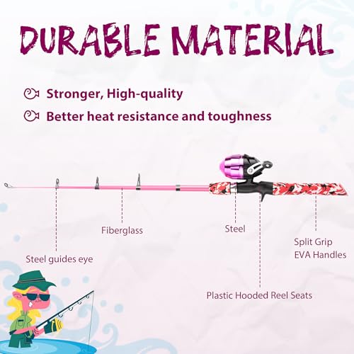 WIDDEN Kids Fishing Pole, Portable Telescopic Kids Fishing Poles for Boys and Girls, Fishing Rod and Reel Combo Kit with Tackle Box, and Fishing Net, Best Fishing Pole for Toddler Youth - color: Pink+Pink