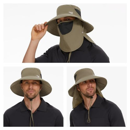 BASSDASH UPF 50+ Breathable Sun Hat with Removable Face Cover and Neck Flap Wide Brim Bucket Hat for Fishing Hiking Men Women - color: Khaki