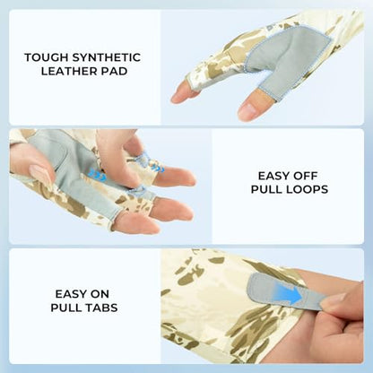 KastKing Agies Fishing Gloves Men, UPF 50+ Sun Gloves UV Protection, Cooling Quick-Dry 3/4 Fingerless Gloves with Extended Cuff, Microfiber Palm & Pull Tabs, for Fishing, Kayaking, Hiking, Hunting - color: X Camo-Neutral, size: Large-X-Large