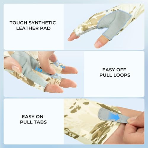 KastKing Agies Fishing Gloves Men, UPF 50+ Sun Gloves UV Protection, Cooling Quick-Dry 3/4 Fingerless Gloves with Extended Cuff, Microfiber Palm & Pull Tabs, for Fishing, Kayaking, Hiking, Hunting - color: X Camo-Neutral, size: Small-Medium