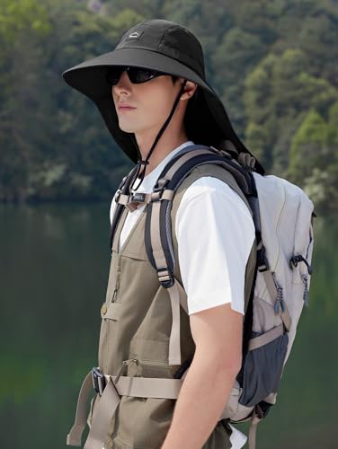 HUAMULAN Men Summer Sun Hat Women Safari Wide Brim Fishing Hats UV Protection Neck Flap Bucket Gardening Hiking Hunting Cap - color: Black With Black Mesh