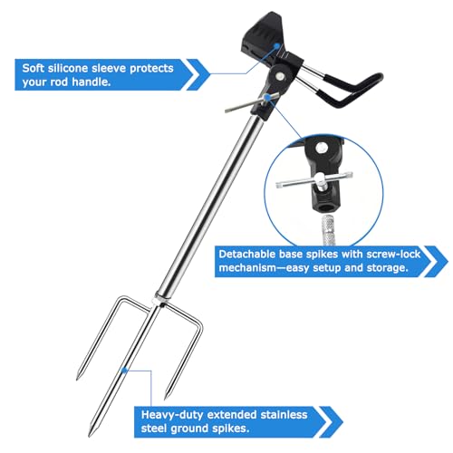 2 Pack Fishing Rod Holder for Ground, Easy to Install, 360 Degree Adjustable Fishing Pole Stand Equipment for Beach, Bank, Gifts for Men