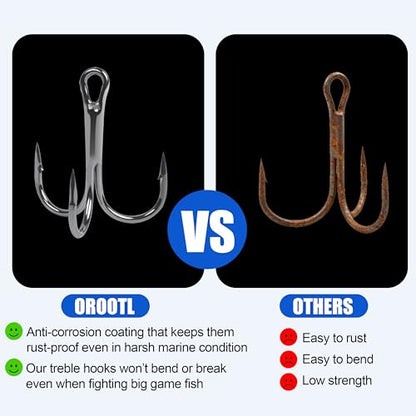 OROOTL Treble Fishing Hooks, 60pcs High Carbon Steel Treble Hooks with Ultra Sharp Barb Corrosion-Resistant Round Bend Triple Hooks for Lures Freshwater Saltwater - size: Size 14#, Pack of 60