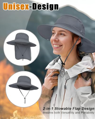 Outdoor Sun Hats with Stowable Neck Flap for Men Women UPF 50+ Mesh Summer Bucket Hat Wide Brim for Fishing Safari Hiking - color: Dark Grey