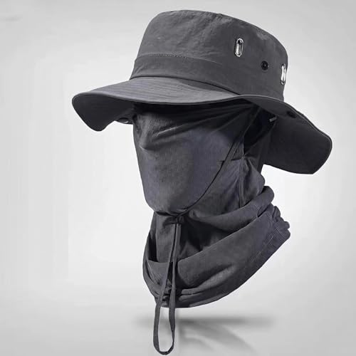 Fishing Hat with Summer Breathable Neck Gaiter, Wide Brim Sun Hat for Men & Women, Outdoor UV Sun Protection Hat & Face Mask - color: Dark Grey