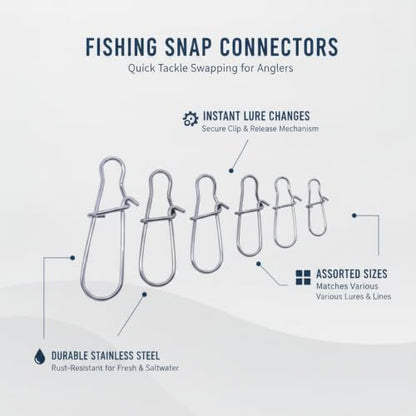Gourd-Shape Stainless Steel Lure Snaps, Silver Finish Quick-Change Connectors for Saltwater and Freshwater Fishing Tackle (100-Pack Assorted Sizes) - size: 2.17 x 1.77 x 0.59"