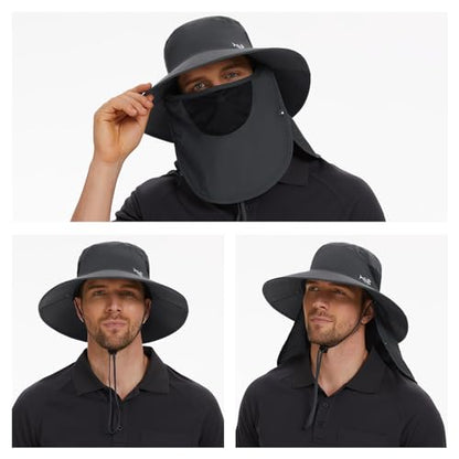 BASSDASH UPF 50+ Breathable Sun Hat with Removable Face Cover and Neck Flap Wide Brim Bucket Hat for Fishing Hiking Men Women - color: Dark Grey