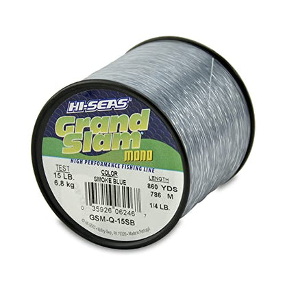 HI-SEAS Grand Slam Monofilament Fishing Line - Strong & Abrasion Resistant in Clear, Pink, Green, Smoke Blue, Fluorescent Yellow Freshwater & Saltwater – Quarter Pound Spool - color: Smoke Blue, style: 15 Lb Test, 0.40 Mm Dia, 860 Yd