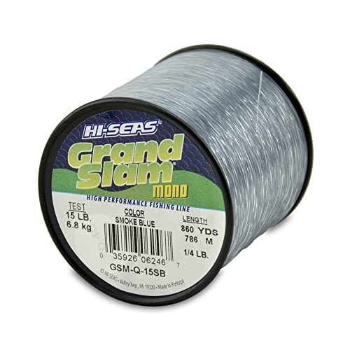 HI-SEAS Grand Slam Monofilament Fishing Line - Strong & Abrasion Resistant in Clear, Pink, Green, Smoke Blue, Fluorescent Yellow Freshwater & Saltwater – Quarter Pound Spool - color: Smoke Blue, style: 15 Lb Test, 0.40 Mm Dia, 860 Yd
